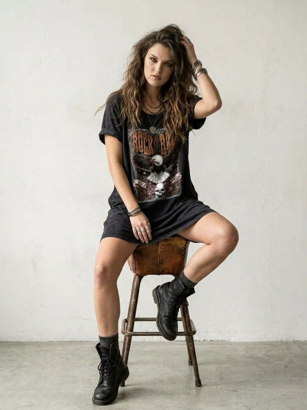 🦅⭐️🌹💀EUC HRT & LUV "Vintage Rock🤘 Graphic T-Shirt Dress" Washed Black🖤 Sz Large